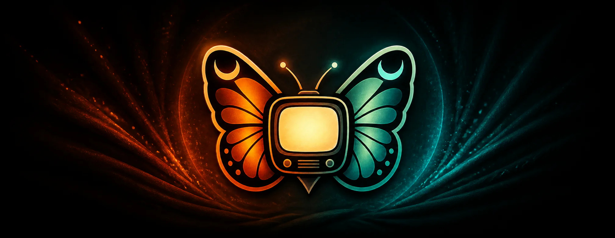 Amber and teal moth wings surround a glowing retro television