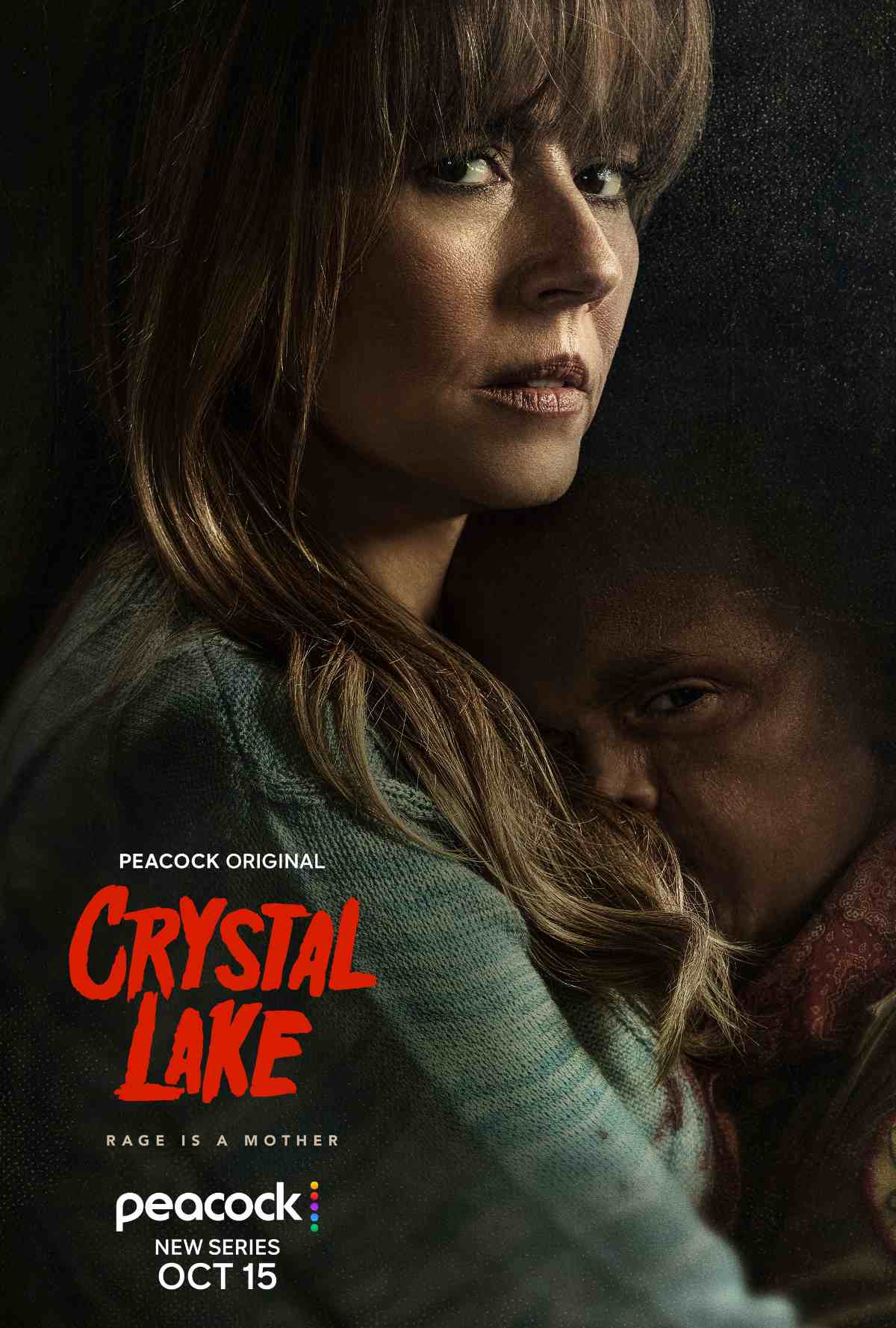 Official Crystal Lake key art shows Linda Cardellini as Pamela Voorhees looking over her shoulder while young Jason clings behind her, with the title and Peacock October 15 premiere date.