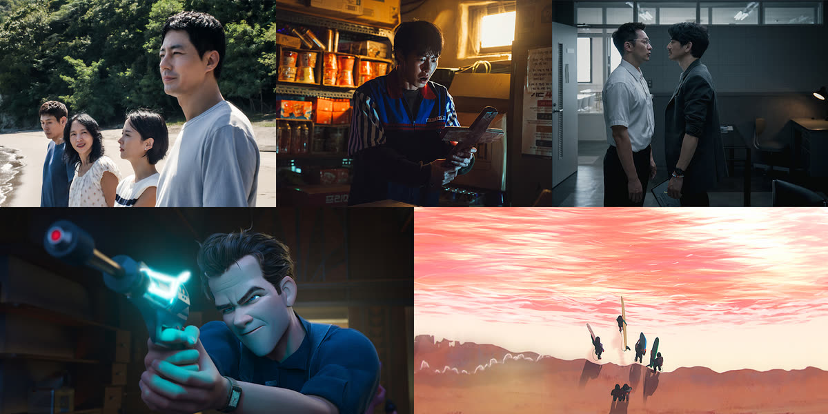 Official Netflix Busan festival collage with live-action drama scenes, an animated detective aiming a futuristic device, and surfers beneath a pink sky.