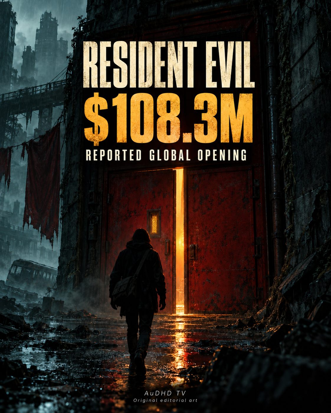 Original editorial illustration of a lone courier approaching a glowing red door in a ruined city. Large text reads Resident Evil, $108.3M, Reported Global Opening; the footer identifies AuDHD TV original editorial art.