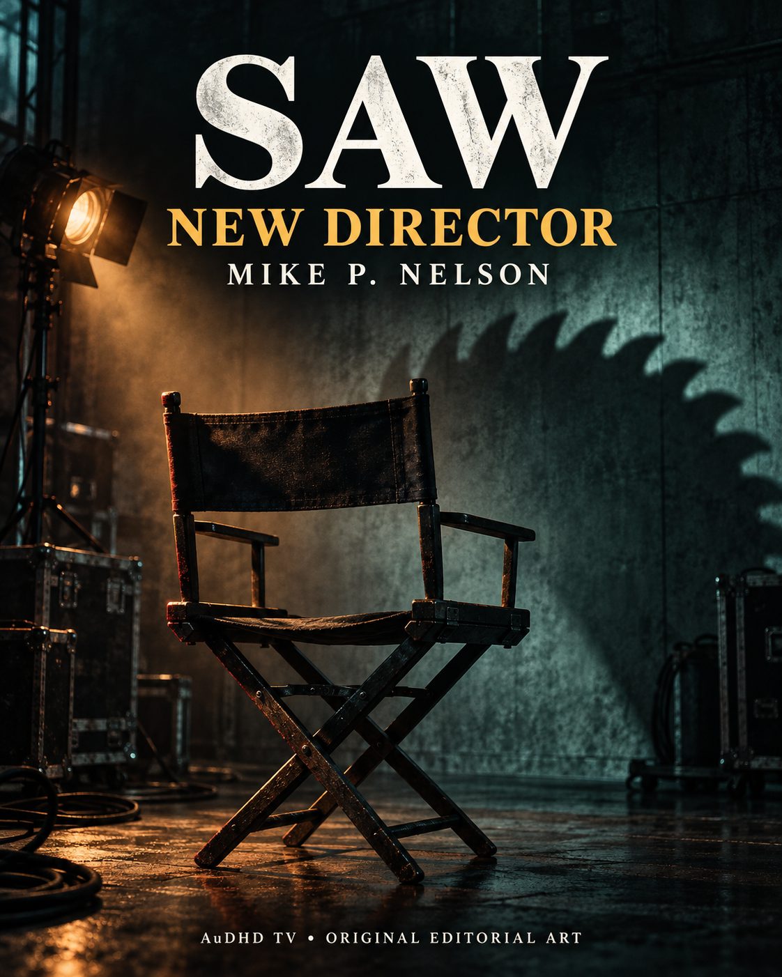 Original editorial illustration of an empty director’s chair in an industrial studio with a saw-toothed shadow. Text reads Saw, New Director, Mike P. Nelson, and AuDHD TV original editorial art.