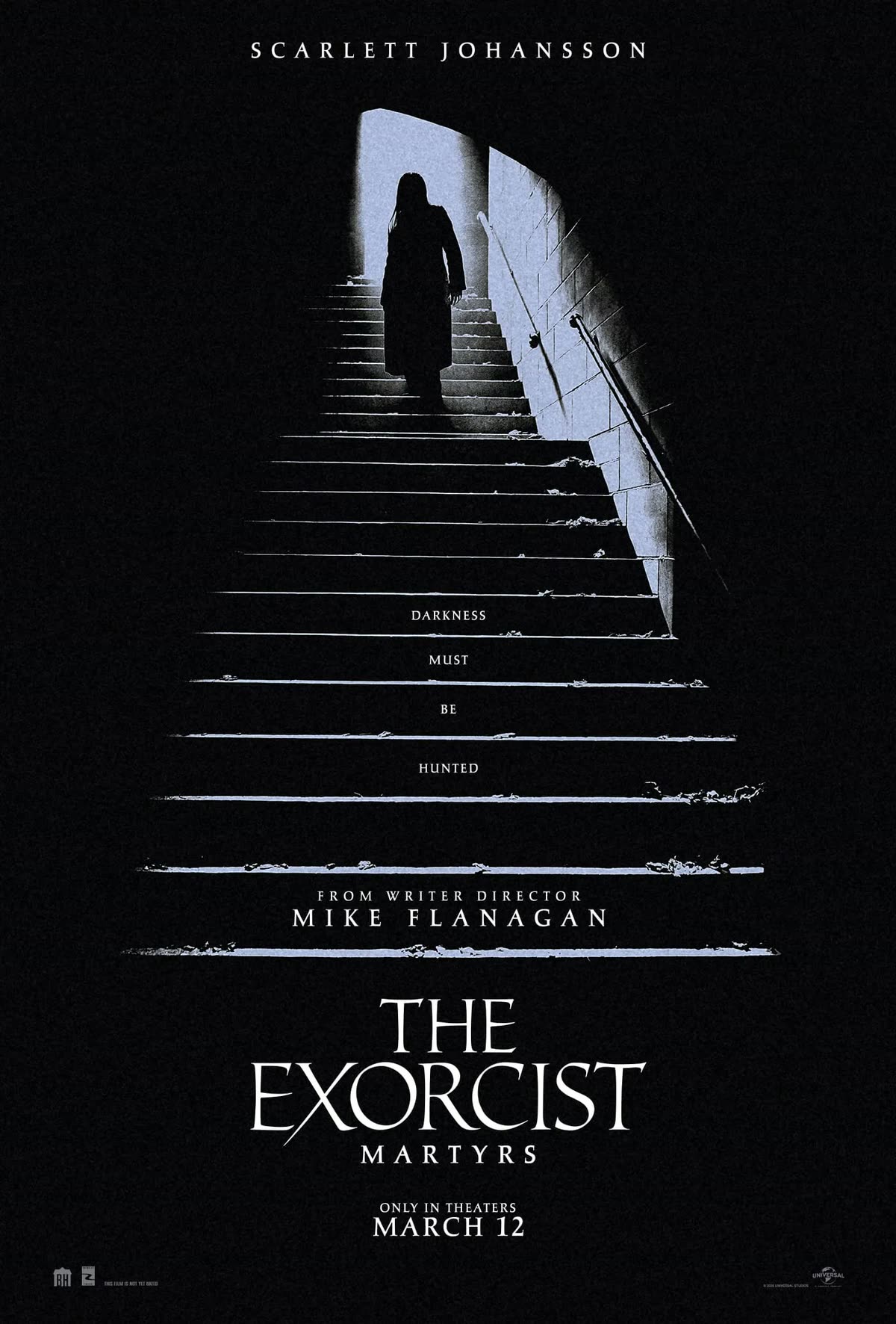 Official black-and-white Exorcist: Martyrs poster: a solitary figure descends a lit stairway into darkness above the film title and March 12 theatrical date.